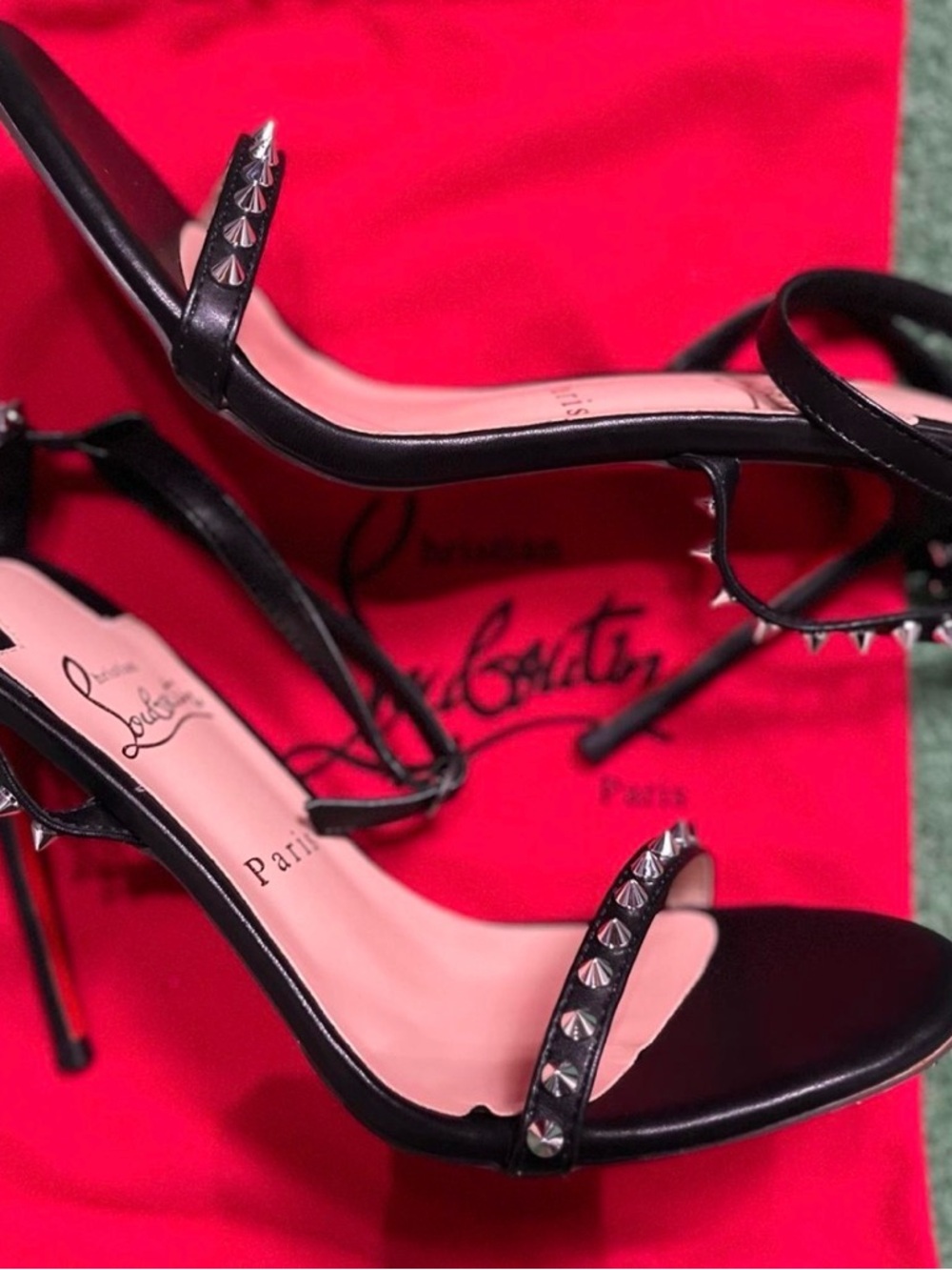 Christian Louboutin Black Studded Open-Toe Stilettos with Pink Insole